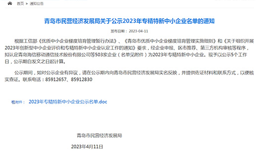 山东BBIN宝盈集团集团入围青岛市2023专精特新中小企业名单